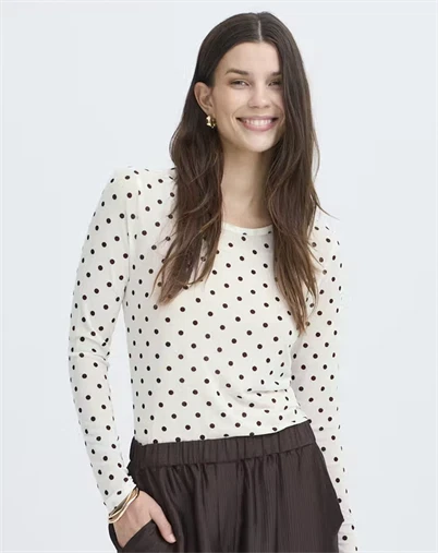  Fransa - FRDeta Langærmet Mesh Bluse - White W. Brown Dots